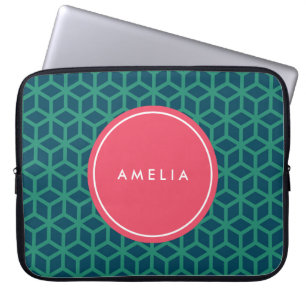 Funda Para Portátil Nombre personalizado Monograma Geométrico Verde az