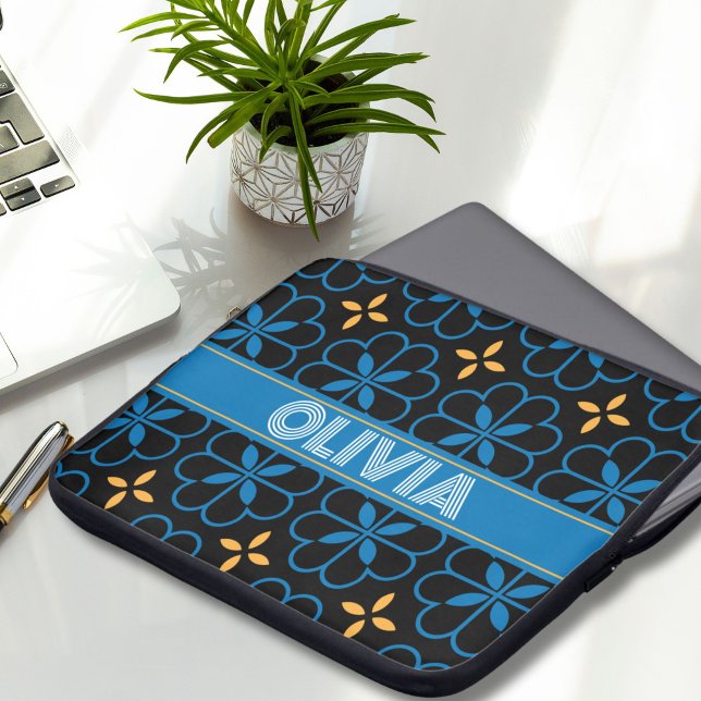 Funda Para Portátil Nombre personalizado Monograma Manga de portátil m (Unique Laptop Sleeve with Mediterranean Moroccan Pattern and Your Custom Monogram Name.)