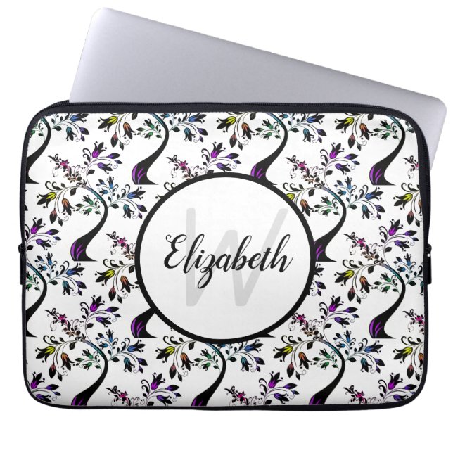 Funda Para Portátil Nombre personalizado Monograma modelo de árbol flo (Frente)