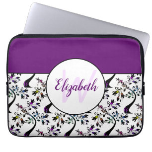 Funda Para Portátil Nombre personalizado Monograma modelo de árbol flo