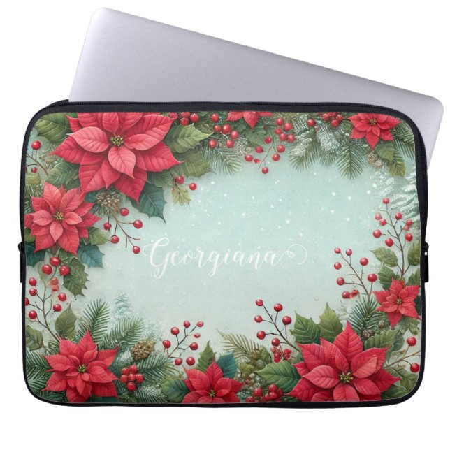 Funda Para Portátil Nombre personalizado Navidades acuarela floral Poi (Frente)