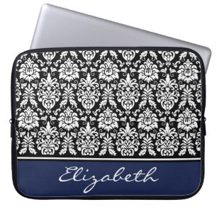 Funda Para Portátil Nombre personalizado Navy Damasco blanco negro