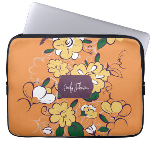 Funda Para Portátil Nombre personalizado patrón floral naranja amarill