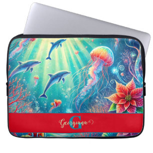 Funda Para Portátil Nombre personalizado Poinsettia de arrecife floral