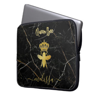 Funda Para Portátil Nombre personalizado REINA ABEJA Mármol Negro Dora