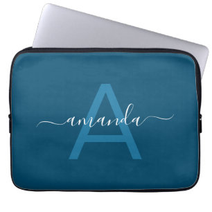 Funda Para Portátil Nombre personalizado simple y azul monogramado per