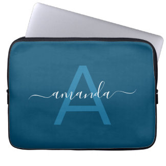 Funda Para Portátil Nombre personalizado simple y azul monogramado per