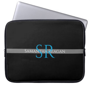 Funda Para Portátil Nombre personalizado y banda gris azul/blanco mono