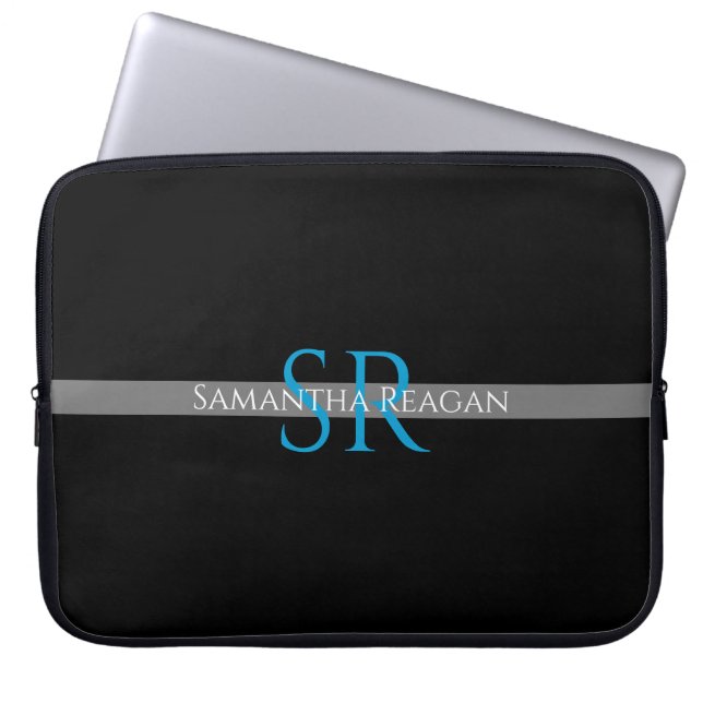 Funda Para Portátil Nombre personalizado y banda gris azul/blanco mono (Frente)