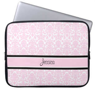 Funda Para Portátil Nombre rosado del personalizado del damasco del