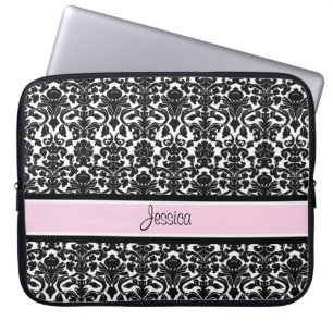 Funda Para Portátil Nombre rosado del personalizado del damasco del