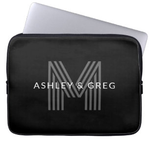 Funda Para Portátil Nombre/s Monograma Editable Retro Moderno Negro y 