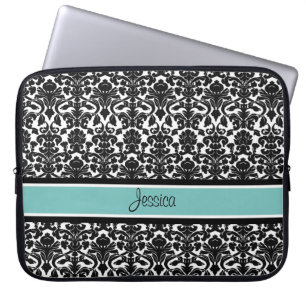 Funda Para Portátil Nombre verde azulado del personalizado del damasco