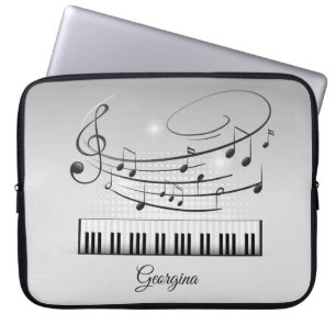 Funda Para Portátil Notas de música en blanco negro con nombre person
