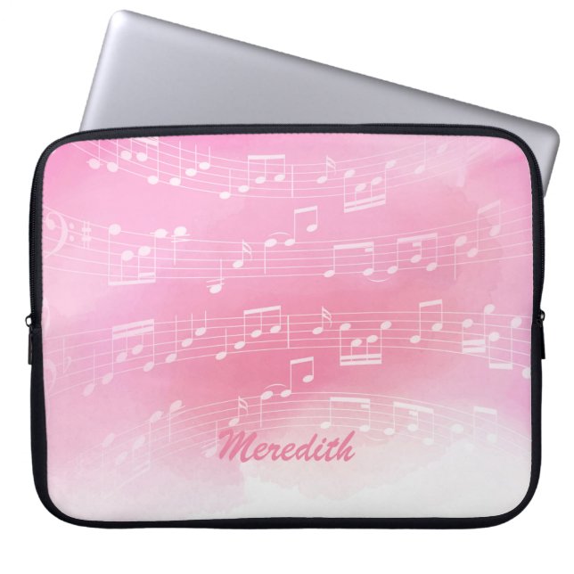 Funda Para Portátil Notas de música rosa-blanca y monograma Personaliz (Frente)