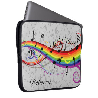 Funda Para Portátil Notas musicales del arcoiris negro sobre gris