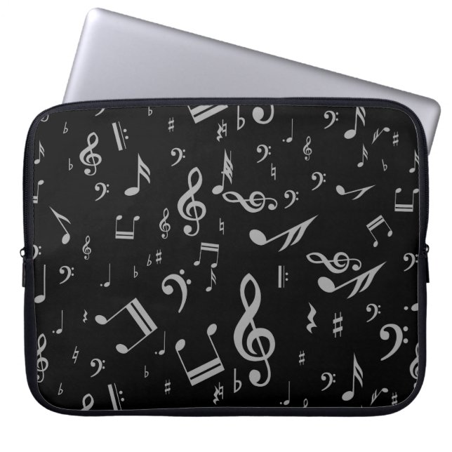 Funda Para Portátil Notas musicales gris sobre negro (Frente)