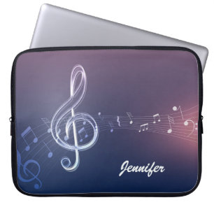 Funda Para Portátil Notas musicales moradas oscuras y monograma Person