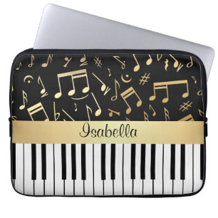 Funda Para Portátil Notas musicales y claves de piano negro y oro