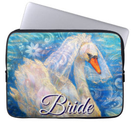 Funda Para Portátil Novia cisne con velo en agua azul blanco personali