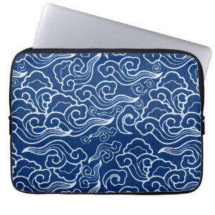 Funda Para Portátil Nubes del vintage, azul de cobalto y blanco