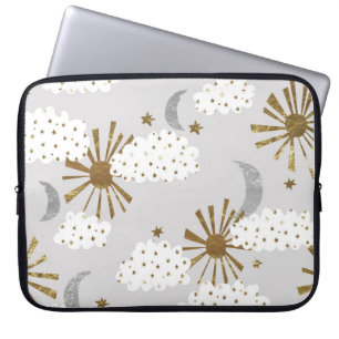 Funda Para Portátil Nubes, sol y luna, patrón minimalista.