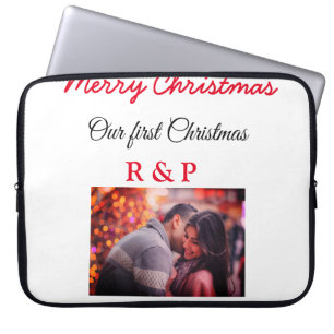 Funda Para Portátil Nuestra primera Navidad agregar nombre foto boda c