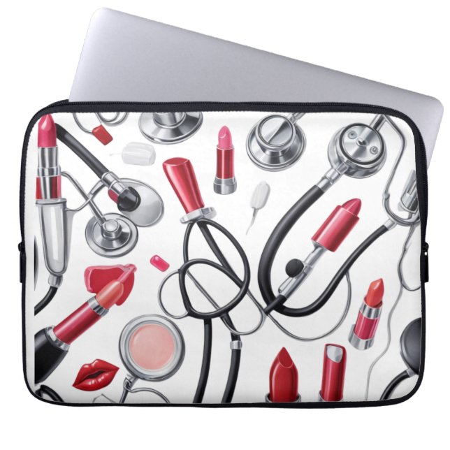Funda Para Portátil Nurse Glam – Stethoscope & Lipstick Pattern (Frente)