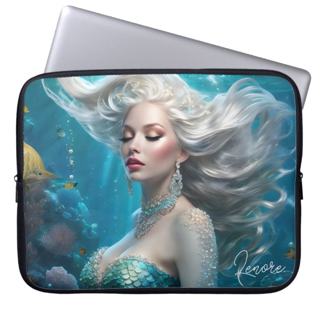Funda Para Portátil Océano turquesa de pelo plateado de sirena (Frente)