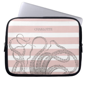 Funda Para Portátil Octopus vintage nautical Steampunk en franjas rosa