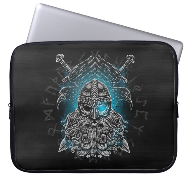 Funda Para Portátil Odin con cuervos y espadas Viking Mythology azul (Frente)