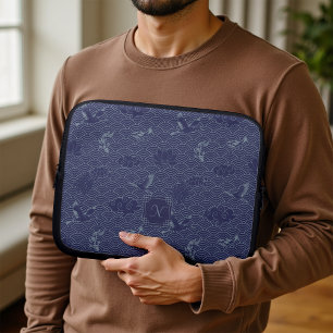 Funda Para Portátil Ola Tradicional Japonesa Azul Seigaiha Monograma