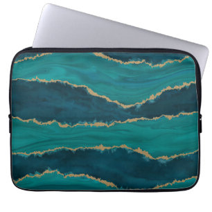Funda Para Portátil Olas de Ágata Teal – Mármol abstracto con oro