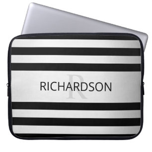 Funda Para Portátil Ombre de rayas plateado falso contemporáneo y negr