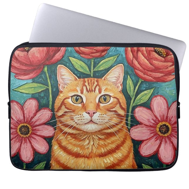Funda Para Portátil Orange Cat Folk Art Flowers (Frente)