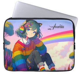 Funda Para Portátil Orgullo lésbico LGBTQIA+ Chica de anime personaliz