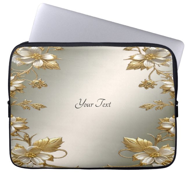 Funda para portátil Ornate de oro Floral Blanco (Frente)