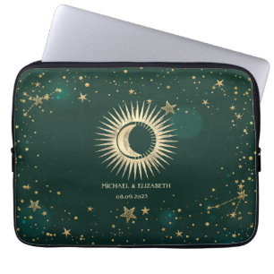 Funda Para Portátil Oro Celestial Sol Y Luna Estrellas Verde