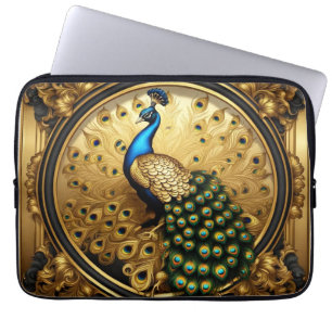 Funda Para Portátil Oro de pavo real y marco ornamental negro