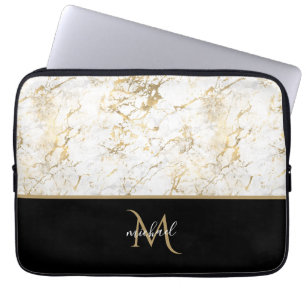 Funda Para Portátil Oro negro y mármol Monograma Elegante Lujo