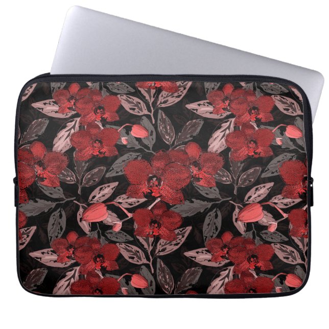 Funda Para Portátil orquídeas rojas sobre negro. (Frente)