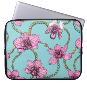 Funda Para Portátil orquídeas y cadenas, rosa y azul