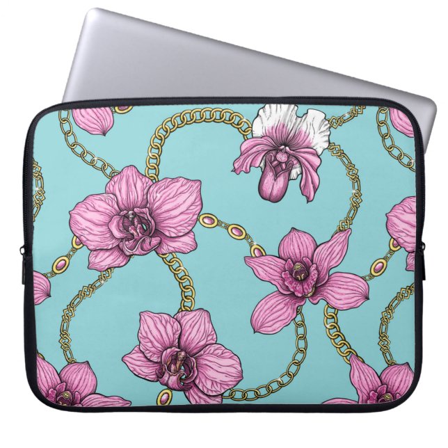 Funda Para Portátil orquídeas y cadenas, rosa y azul (Frente)