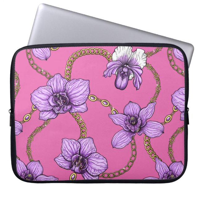 Funda Para Portátil orquídeas y cadenas, violetas y rosas (Frente)