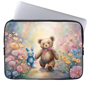 Funda Para Portátil Oso de peluche y conejo en un jardín pastel