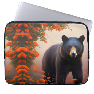 Funda Para Portátil Oso negro en flores Naranjas