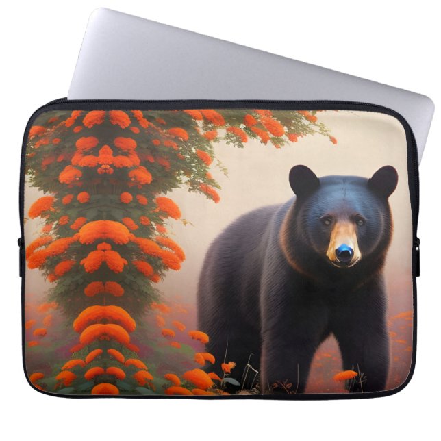 Funda Para Portátil Oso negro en flores Naranjas (Frente)