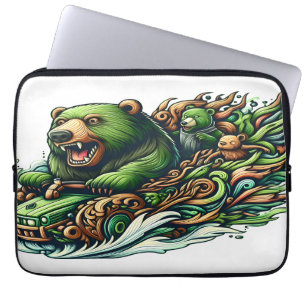 Funda Para Portátil Osos animados montando un auto verde