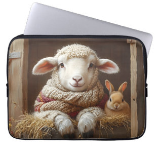 Funda Para Portátil Oveja y conejo acogedores en granero con flores