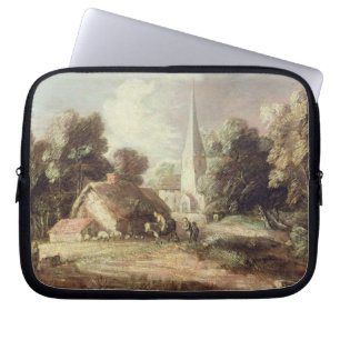 Funda Para Portátil Paisaje con una iglesia, cabaña, aldeanos y